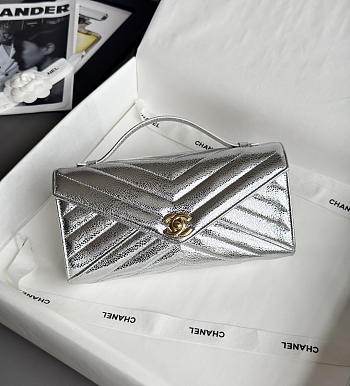 Chanel Clutch Flap Bag With Top Handle Goatskin & Gold-Tone Metal Metallic Silver - 25x13x6.5cm