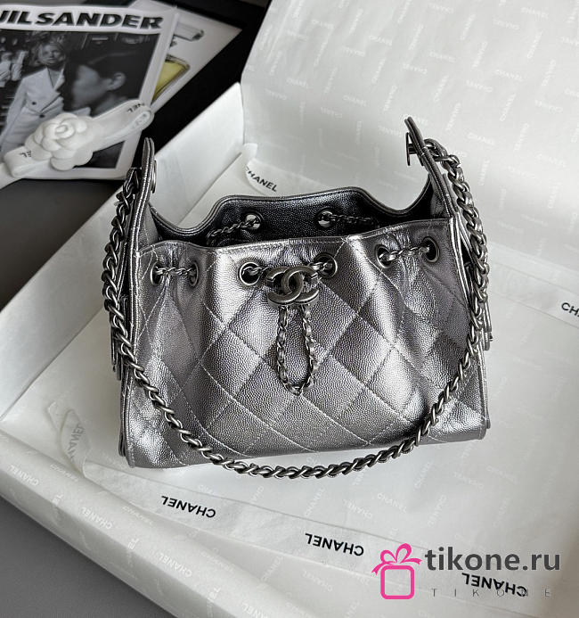 Chanel 25 Mini Handbag Metallic Grained Calfskin & Aged Silver Tone Metal Gunmetal Silver - 22x20x12.5cm - 1