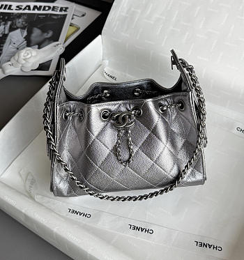 Chanel 25 Mini Handbag Metallic Grained Calfskin & Aged Silver Tone Metal Gunmetal Silver - 22x20x12.5cm