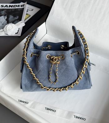 Chanel 25 Mini Handbag Suede Calfskin & Gold Tone Metal Blue - 22x20x12.5cm