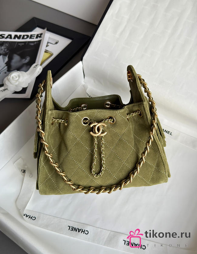 Chanel 25 Mini Handbag Suede Calfskin & Gold Tone Metal Olive - 22x20x12.5cm - 1