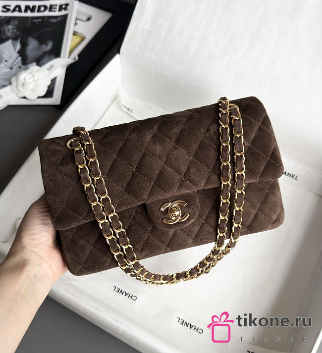 Chanel Small Classic Handbag Suede Calfskin & Gold-Tone Metal Dark Brown - 23x14.5x6cm - 1