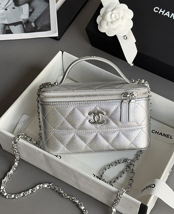 Chanel Long Vanity With Chain Grained Calfskin & Silver-Tone Metal Silver - 17x9.5x8cm