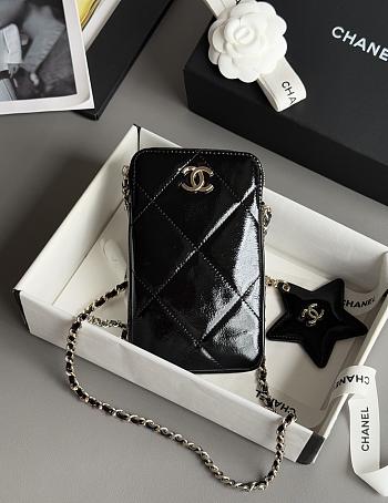 Chanel Phone Holder With Chain Shiny Crumpled Calfskin & Gold-Tone Metal Black - 18x11x2cm