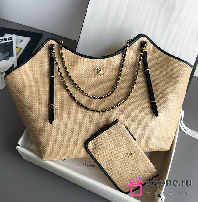 Chanel Maxi Shopping Bag Braided Raffia Calfskin & Gold-Tone Metal Dark Beige & Black - 59x36x13cm - 1