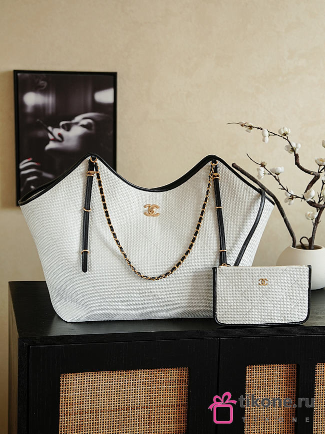 Chanel Maxi Shopping Bag Braided Raffia Calfskin & Gold-Tone Metal White & Black - 59x36x13cm - 1