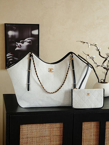 Chanel Maxi Shopping Bag Braided Raffia Calfskin & Gold-Tone Metal White & Black - 59x36x13cm