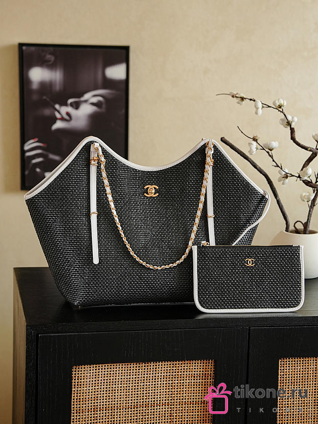 	 Chanel Maxi Shopping Bag Braided Raffia Calfskin & Gold-Tone Metal Black & White - 59x36x13cm - 1