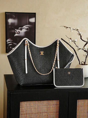 	 Chanel Maxi Shopping Bag Braided Raffia Calfskin & Gold-Tone Metal Black & White - 59x36x13cm