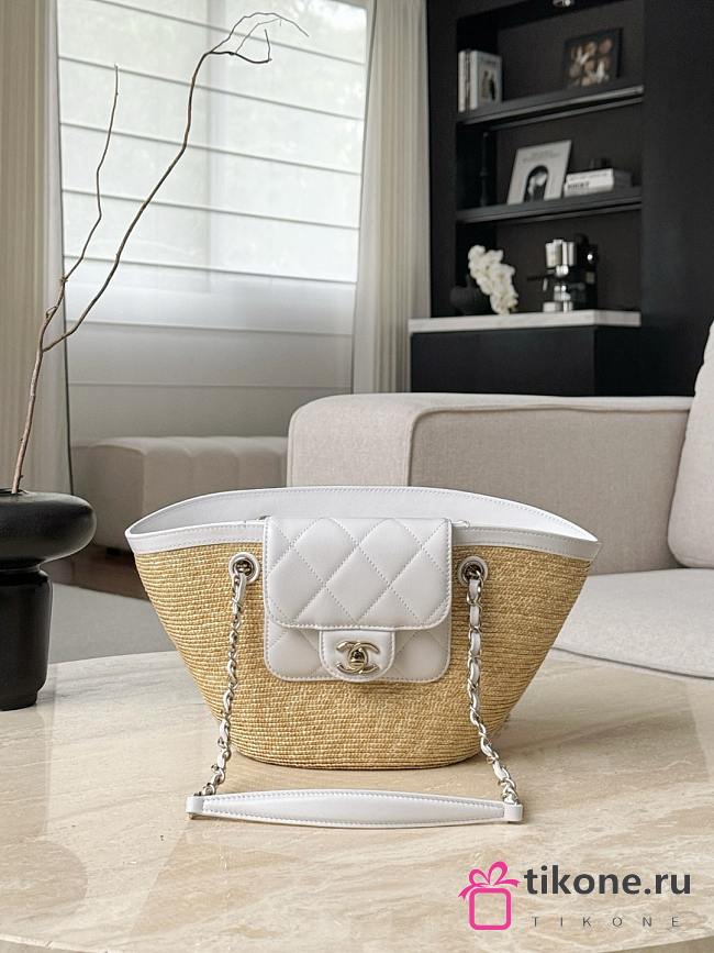 Chanel Small Shopping Bag Braided Straw Lambskin & Gold Tone Metal Beige & White - 41x18x13cm - 1