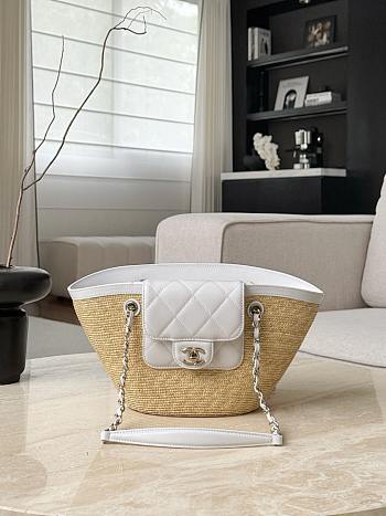 Chanel Small Shopping Bag Braided Straw Lambskin & Gold Tone Metal Beige & White - 41x18x13cm