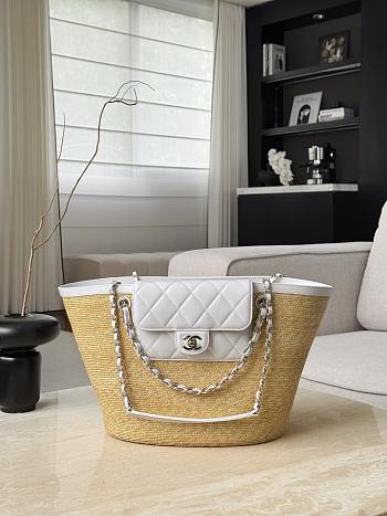 Chanel Large Tote Braided Straw Lambskin & Gold-Tone Metal Beige & White - 54x26x18cm