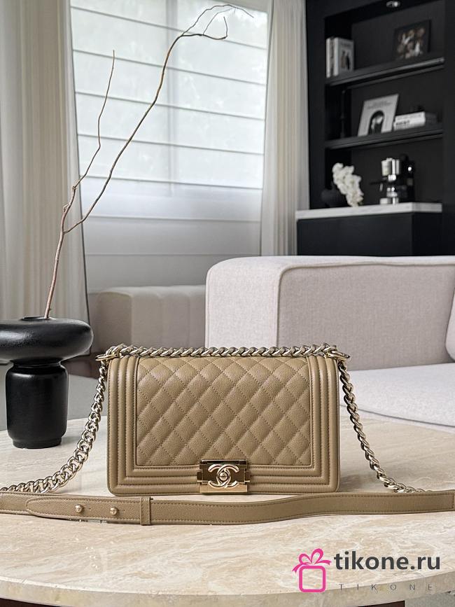 Boy Chanel Handbag Grained Calfskin & Light Gold-Tone Metal Dark Beige - 25x15x9cm - 1