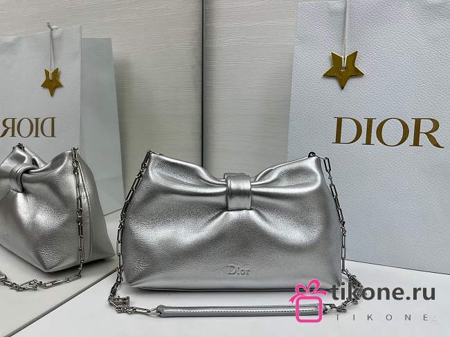 Small Dior Bow Bag Silver Laminated Lambskin - 26x16x10cm - 1