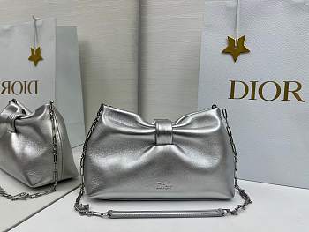 Small Dior Bow Bag Silver Laminated Lambskin - 26x16x10cm
