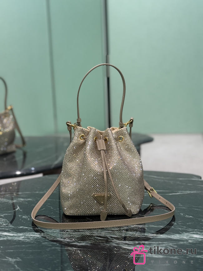 Prada Mini Crystal Studded Satin Bag Sand Beige 1BE067 - 19.5x15.5x10cm - 1