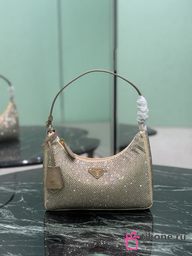 Prada Re-Edition 2005 Mini Crystal Studded Satin Bag Sand Beige 1BC204 - 22x18x6cm - 1