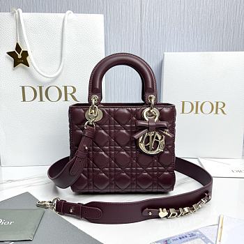 Small Lady Dior Bag with Strap Burgundy Cannage Lambskin - 20x18x8cm