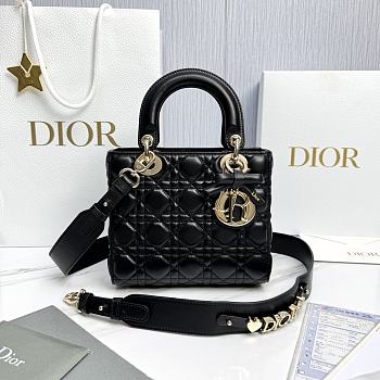 Small Lady Dior Bag with Strap Black Cannage Lambskin - 20x18x8cm