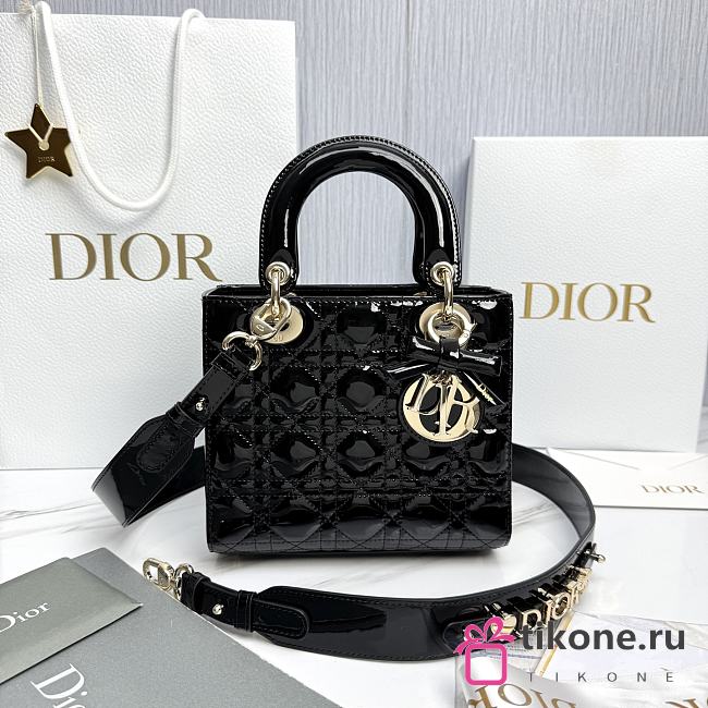 Small Lady Dior Bag with Strap Black Patent Cannage Calfskin - 20x18x8cm - 1