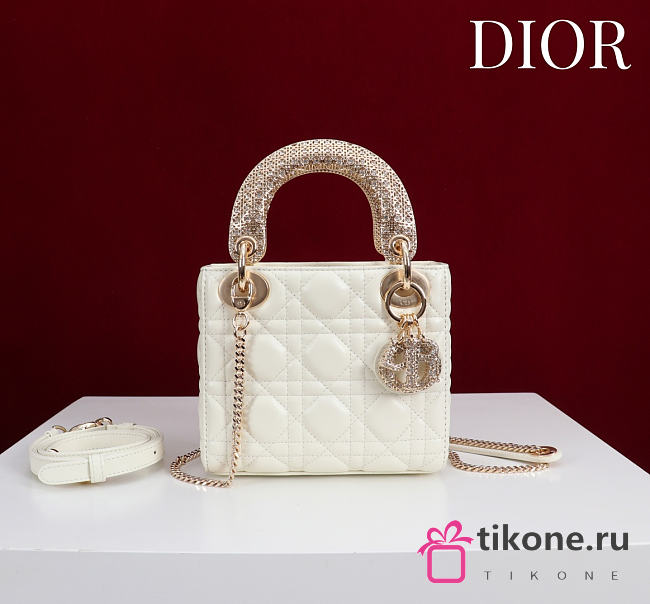 Mini Lady Dior Bag with Crystal Handle Cannage Lambskin White - 17x15x7cm - 1