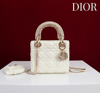 Mini Lady Dior Bag with Crystal Handle Cannage Lambskin White - 17x15x7cm