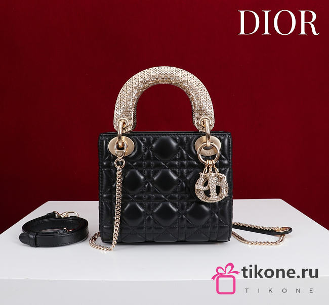Mini Lady Dior Bag with Crystal Handle Cannage Lambskin Black - 17x15x7cm - 1
