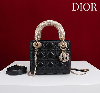 Mini Lady Dior Bag with Crystal Handle Cannage Lambskin Black - 17x15x7cm
