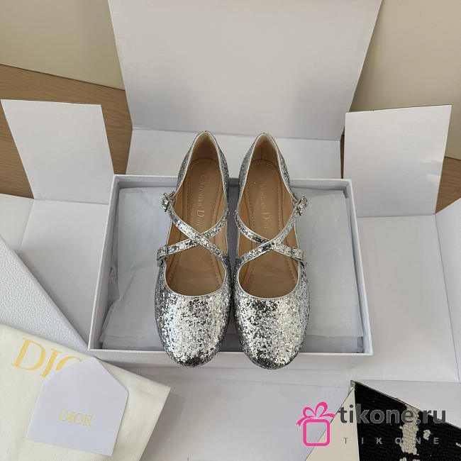 Very Dior Ballet Flat Silver-Tone Laminated Lambskin and Glitter - 1