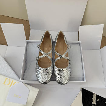 Very Dior Ballet Flat Silver-Tone Laminated Lambskin and Glitter