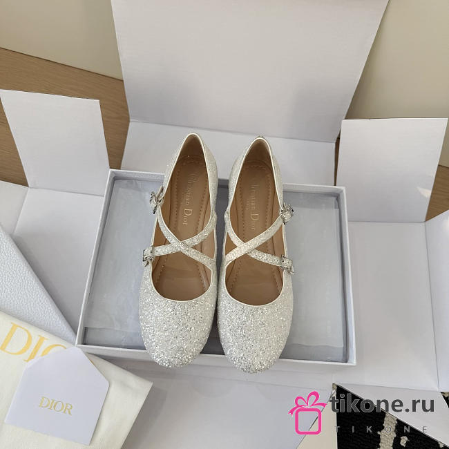 Very Dior Ballet Flat White-Tone Laminated Lambskin and Glitter - 1