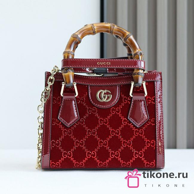 Gucci Diana Crystals Small Tote Bag Rosso Ancora Red Velvet - 20x15.5x10cm - 1