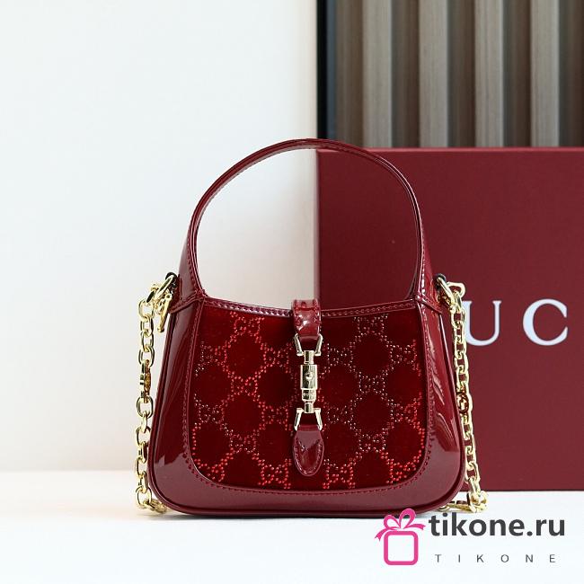 Gucci Jackie 1961 Crystals Mini Bag Gucci Rosso Ancora Red Velvet With GG Crystal - 19x13x3cm - 1