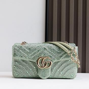 Gucci GG Marmont Crystals Small Shoulder Bag Pale Green Nubuck Leather- 26x15x7cm