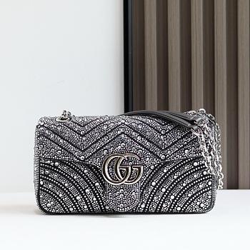 Gucci GG Marmont Crystals Small Shoulder Bag Gray Nubuck Leather- 26x15x7cm
