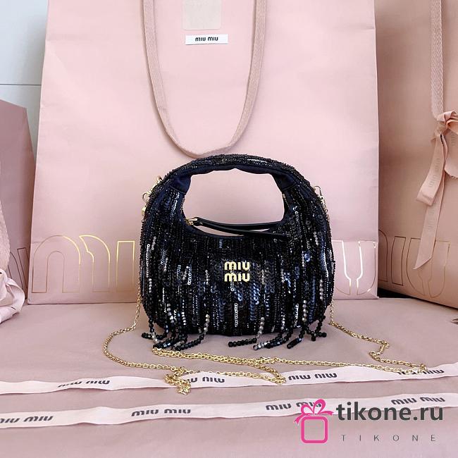Miumiu Wander Satin Mini-Bag With Crystal and Sequin Fringe Black - 17.5x14x5.5cm - 1