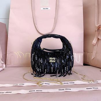 Miumiu Wander Satin Mini-Bag With Crystal and Sequin Fringe Black - 17.5x14x5.5cm