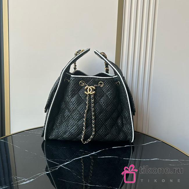 Chanel 25 Small Handbag Braided Raffia, Calfskin & Gold-Tone Metal  Black & White - 30x26x14cm - 1