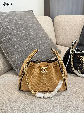 Chanel 25 Small Handbag Braided Raffia, Calfskin & Gold-Tone Metal  Black/White/Beige- 22x20x12.5cm