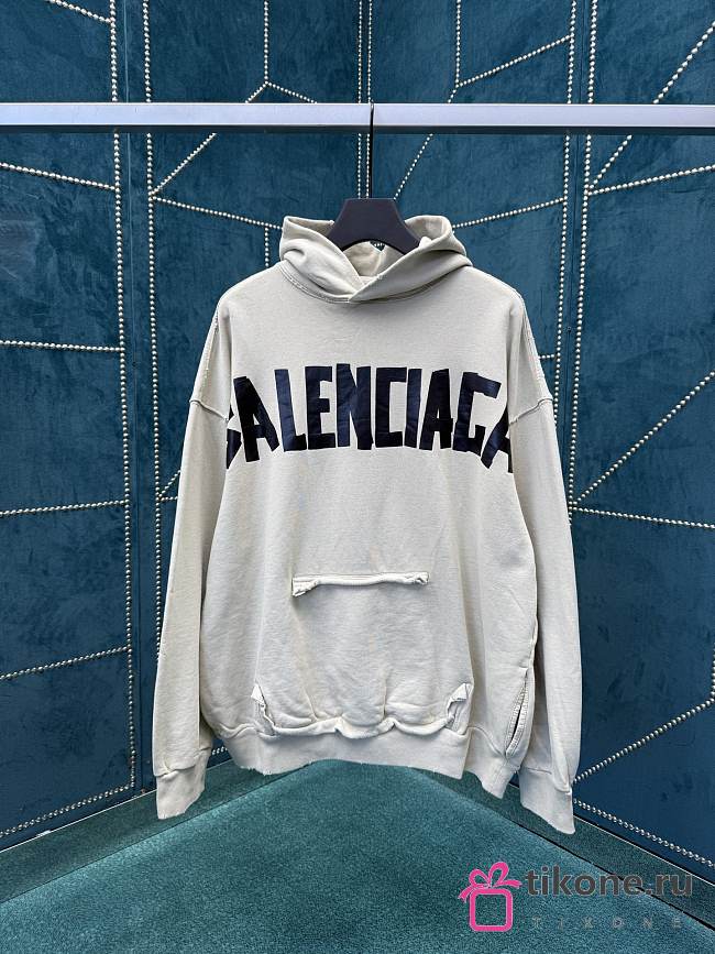 Balenciaga Tape Type Ripped Hoodie In Beige Dry Fleece - 1