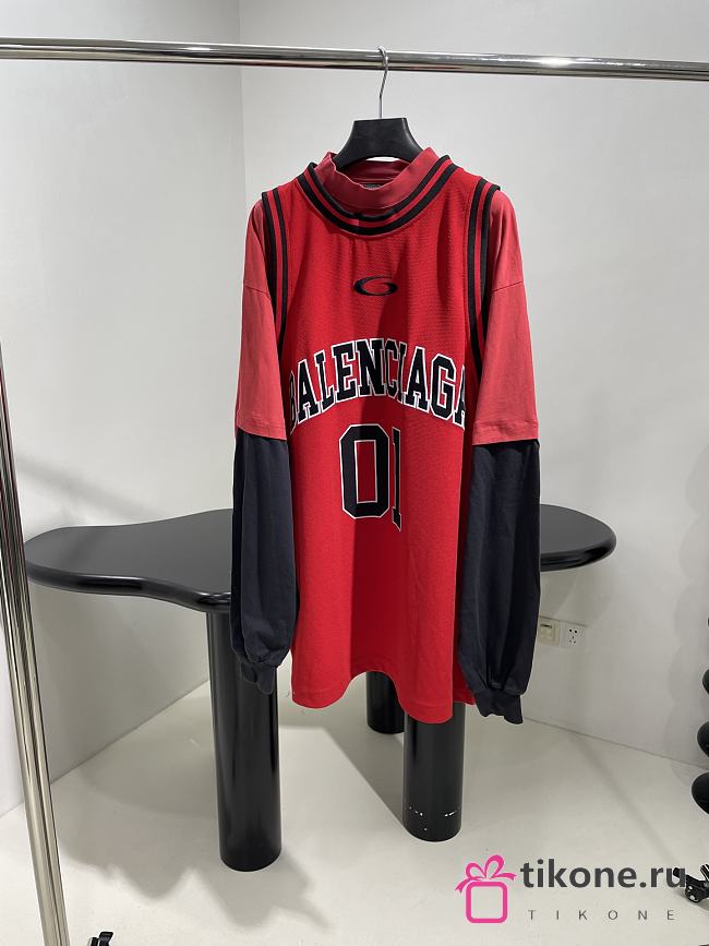Balenciaga Basketball Series - Layered Long Sleeve T-Shirt In Red And Black Sporty Mesh Jersey - 1