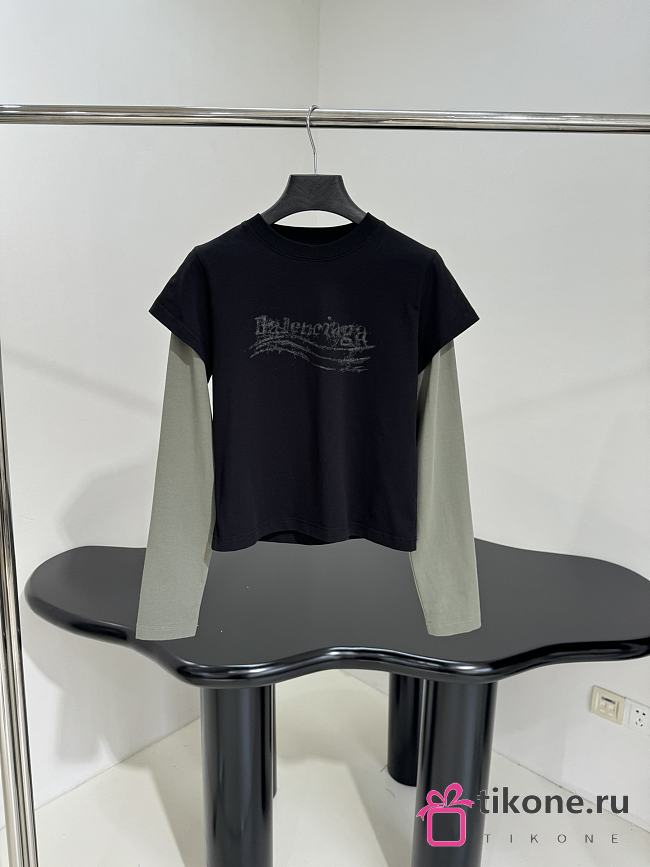 Balenciaga Washed Crayon Political Double Sleeve T-Shirt In Washed Black Interlock Strech Jersey - 1