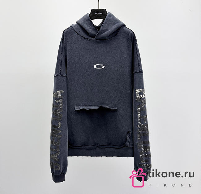 Balenciaga Transparent Tape Ripped Pocket Hoodie In Faded Black And White Dy Fleece - 1
