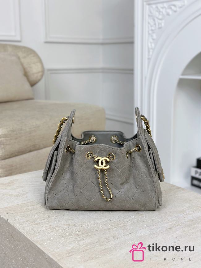 Chanel 25 Mini Handbag Suede Calfskin & Gold Tone Metal Gray - 22x20x12.5cm - 1