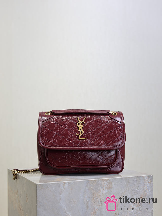 YSL Niki Baby In Vintage Leather Burgundy - 21x16x7.5cm - 1