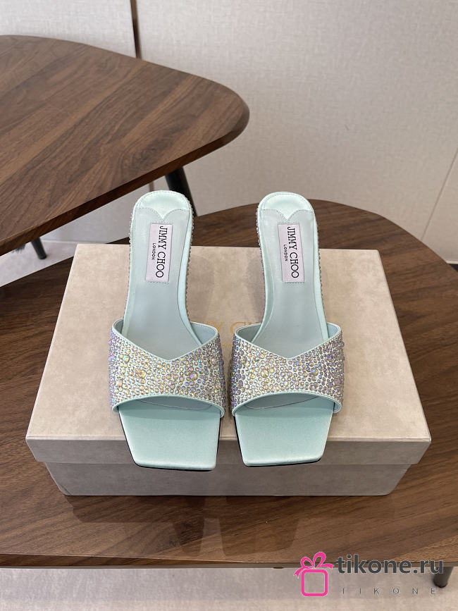 Jimmy Choo Skye 70 Light Green Satin Mules with Degrade Crystal - 1