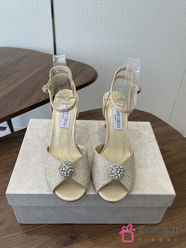 Jimmy Choo Sacora 85 Light Soft Gold Glitter Fabric Sandals with Crystal Sphere - 1