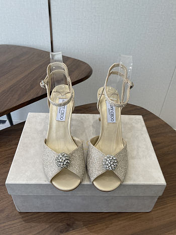 Jimmy Choo Sacora 85 Light Soft Gold Glitter Fabric Sandals with Crystal Sphere