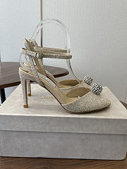 Jimmy Choo Sacora 85 Light Soft Gold Glitter Fabric Sandals with Crystal Sphere - 6