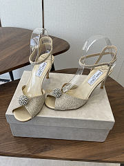 Jimmy Choo Sacora 85 Light Soft Gold Glitter Fabric Sandals with Crystal Sphere - 2